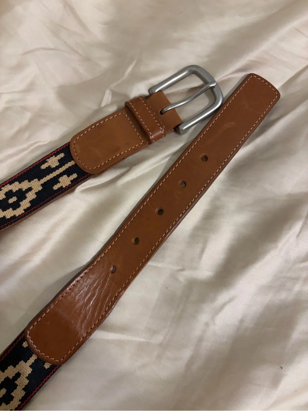La Matera - Cazador Polo Leather Belt in Tan Size 40 Geometric Blue and White